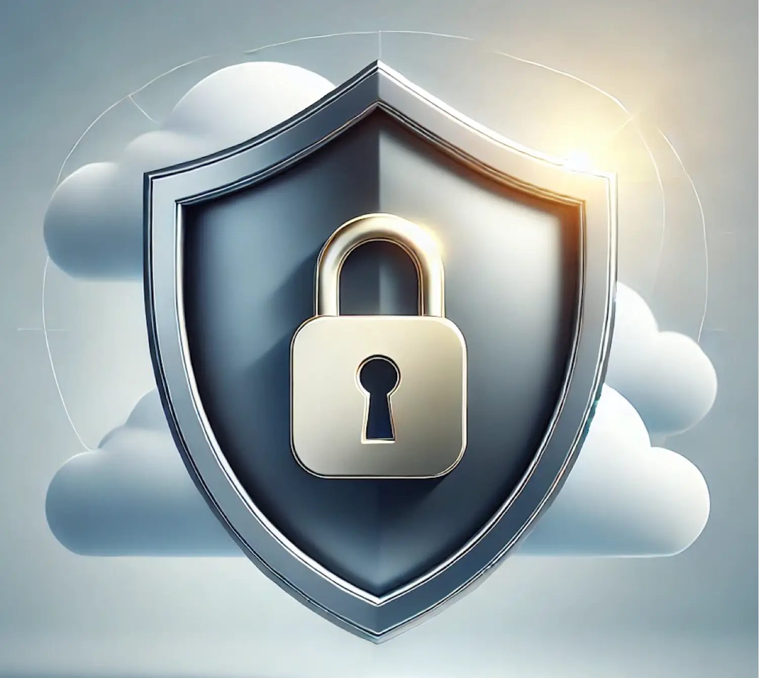 Illustration of a metallic shield with a golden lock icon at its center, symbolizing data security and privacy protection.